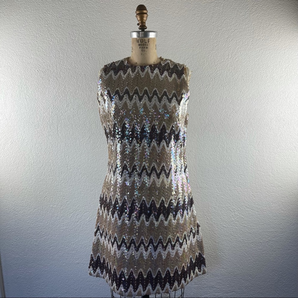 Vintage l 60s S Iridescent Sequin A-Line Twiggy Scooter Vespa MCM Mod Mini Dress